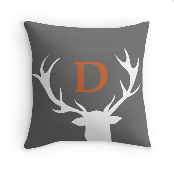 Rustic Antler Decorative Throw Pillow Cover with Custom Letter