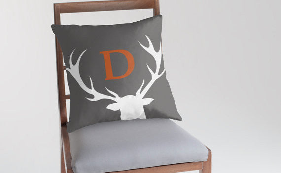 Rustic Antler Decorative Throw Pillow Cover with Custom Letter