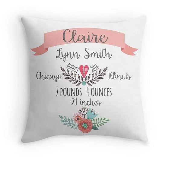 Personalized Baby Girl Birth Announcement Pillow