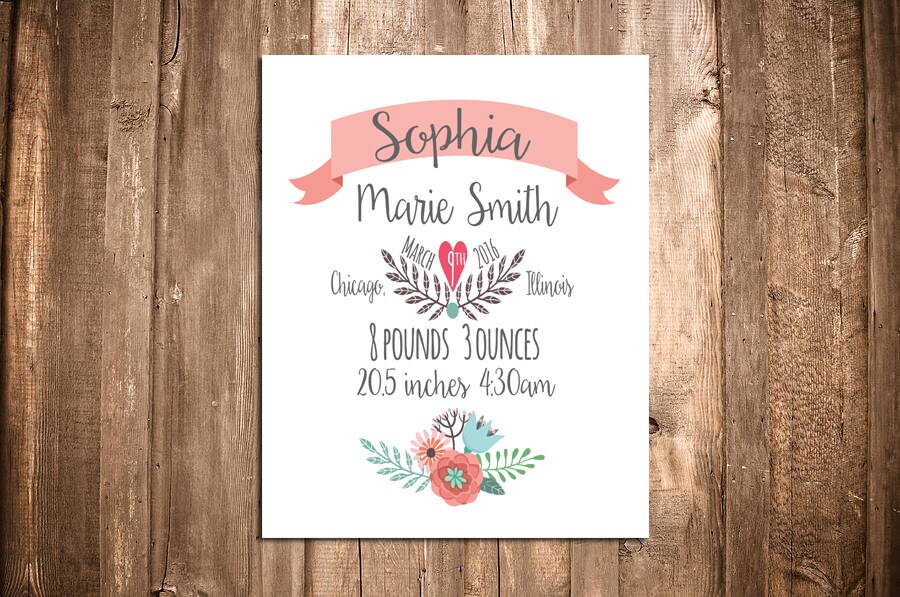 Birth Announcement Wall Art - Personalized Baby Gift - Nursery Decor