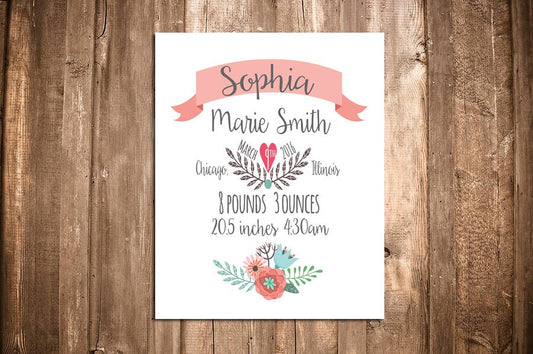 Birth Announcement Wall Art - Personalized Baby Gift - Nursery Decor