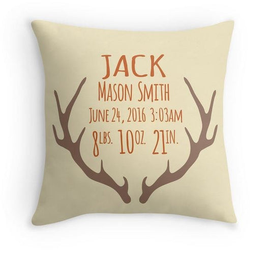 Antler Birth Announcement Pillow - Personalized Baby Pillow - Baby Gift - Boy Nursery Decor