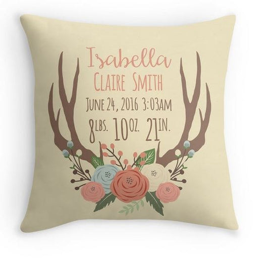 Birth Announcement Pillow - Personalized Baby Pillow - Baby Gift - Girl Nursery Decor - Deer Antler Pillow
