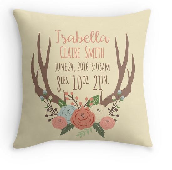 Birth Announcement Pillow - Personalized Baby Pillow - Baby Gift - Girl Nursery Decor - Deer Antler Pillow