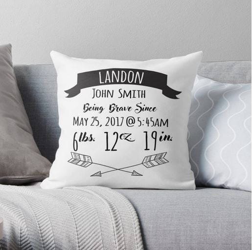 Birth Announcement Pillow - Personalized Baby Pillow - Baby Gift - Boy Nursery Decor - Black - White - Modern Baby Decor - Woodland