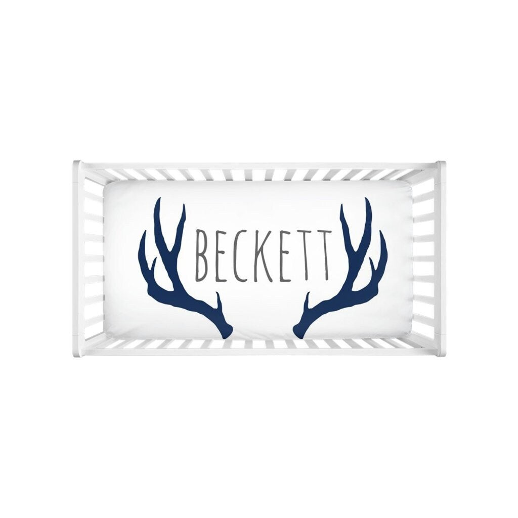 Personalized Name Deer Antler Crib Sheet - Custom Printed with Baby's Name - Woodland Bedding