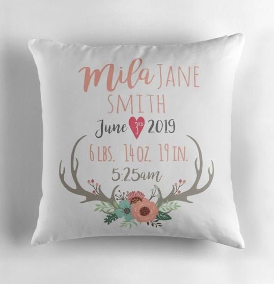 Girl Birth Stat Pillow with Deer Antlers and Floral Design - Personalized Baby Pillow - Baby Gift - Girl Nursery Decor