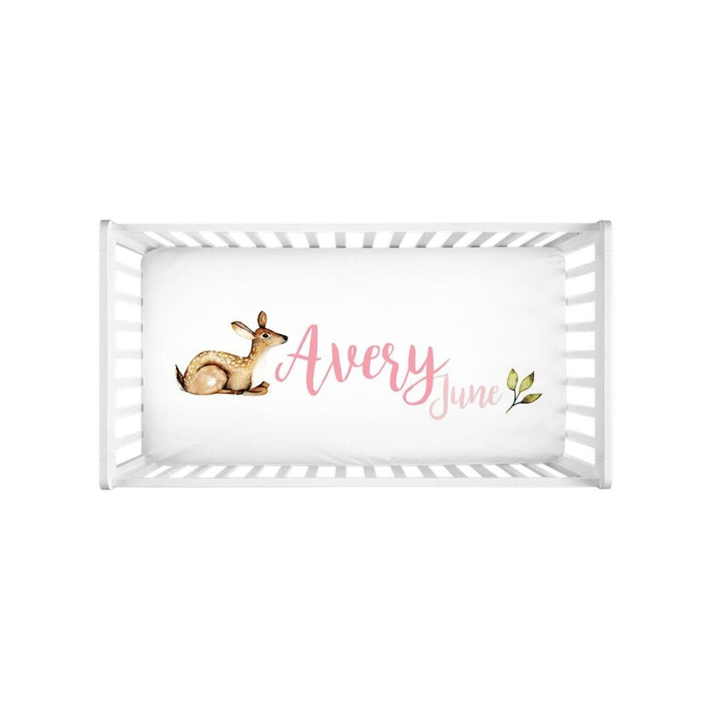Personalized Name Deer Crib Sheet - Custom Printed with Baby's Name - Fawn Crib Sheet - Deer Nursery Decor