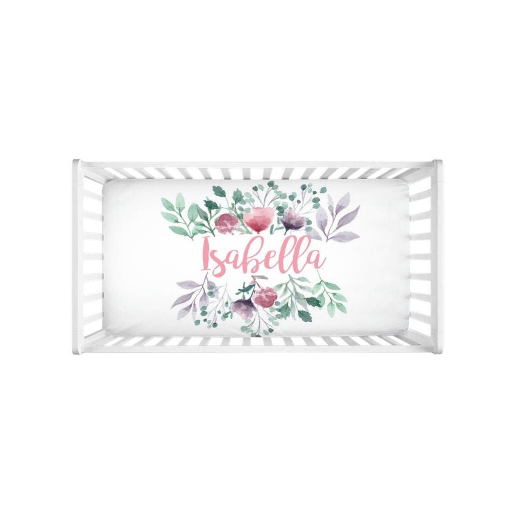 Floral Personalized Name Crib Sheet  - Custom Printed with Baby's Name - Purple and Pink Flowers Crib Sheet