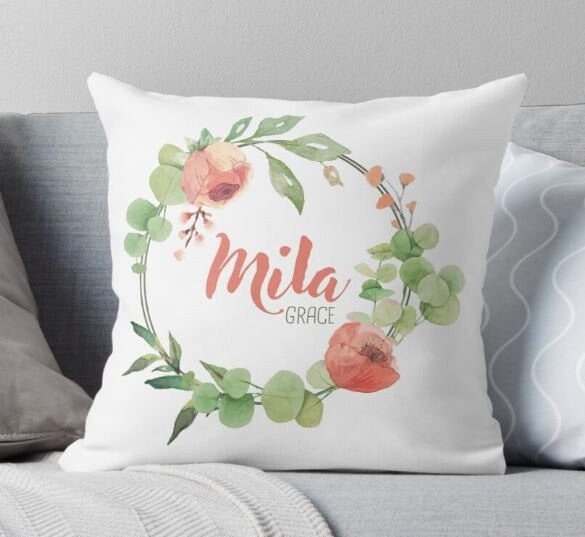 Personalized Floral Name Pillow - Nursery Decor - Girls Room Decor - Kids Room Decor - Baby Gift