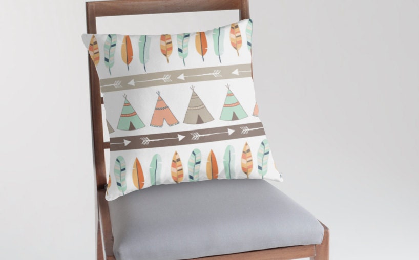 Mint & Coral Tribal Pillow Cover with Teepee and Feather Pattern, Nursery Pillow, Baby Nursery, Teepee Pillow