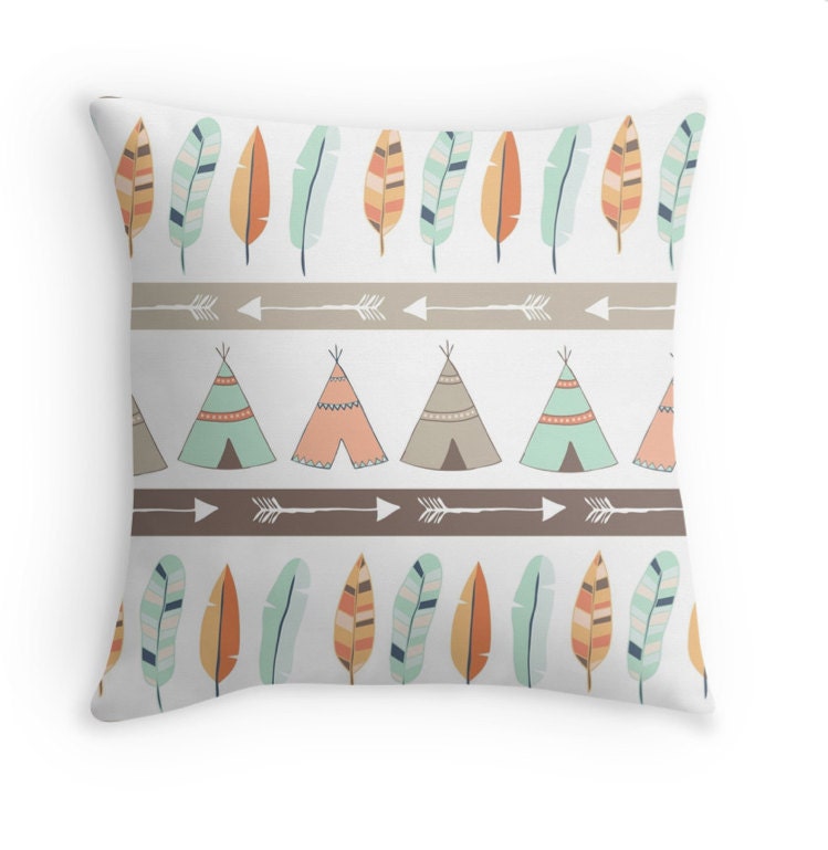 Mint & Coral Tribal Pillow Cover with Teepee and Feather Pattern, Nursery Pillow, Baby Nursery, Teepee Pillow