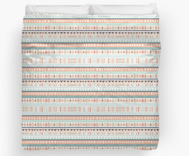 Mint & Coral Tribal Duvet Cover, Available in Twin, Queen, and King Sizes