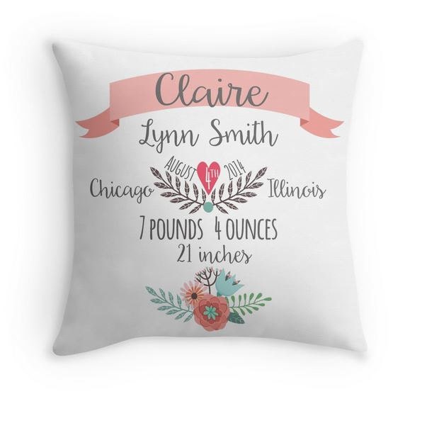 Birth Announcement Pillow - Personalized Baby Pillow - Baby Gift - Girl Nursery Decor -Pink